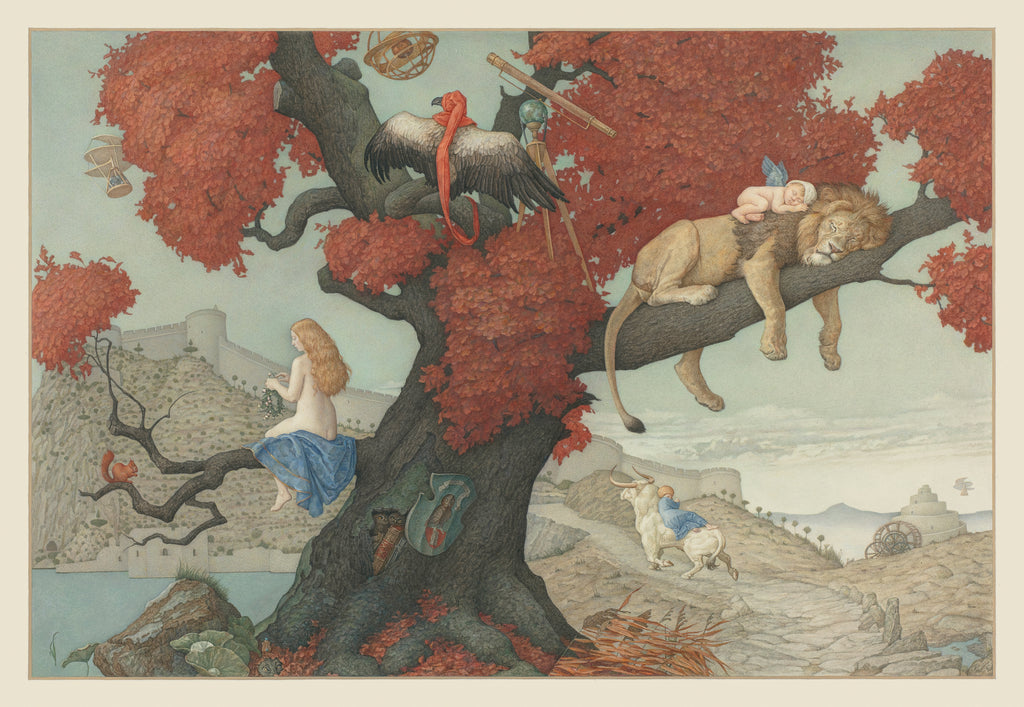 Whimsical scene from The Land of Faraway, featuring flying lions and enchanting characters in a magical landscape.