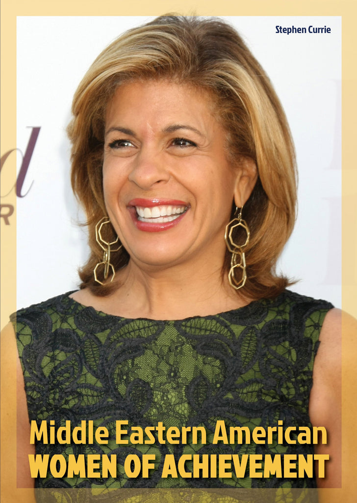 Smiling Middle Eastern American woman in a green lace dress with gold geometric earrings; Women of Achievement.